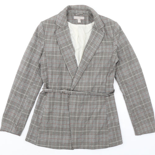 H&M Womens Grey Plaid Jacket Blazer Size 8 Tie
