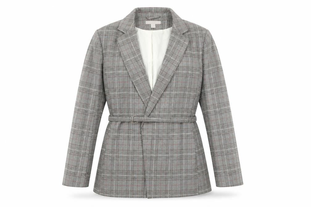 Front view of H&M women’s grey plaid jacket blazer, size UK 8, tie