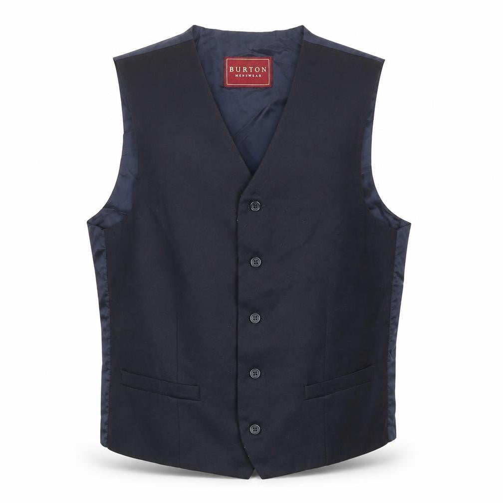 Front view of Burton men’s blue polyester jacket suit waistcoat, size 40, regular