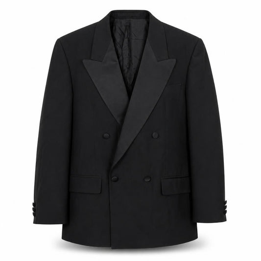 Front view of Daniel Drescott men’s black polyester tuxedo suit jacket, size 40, regular