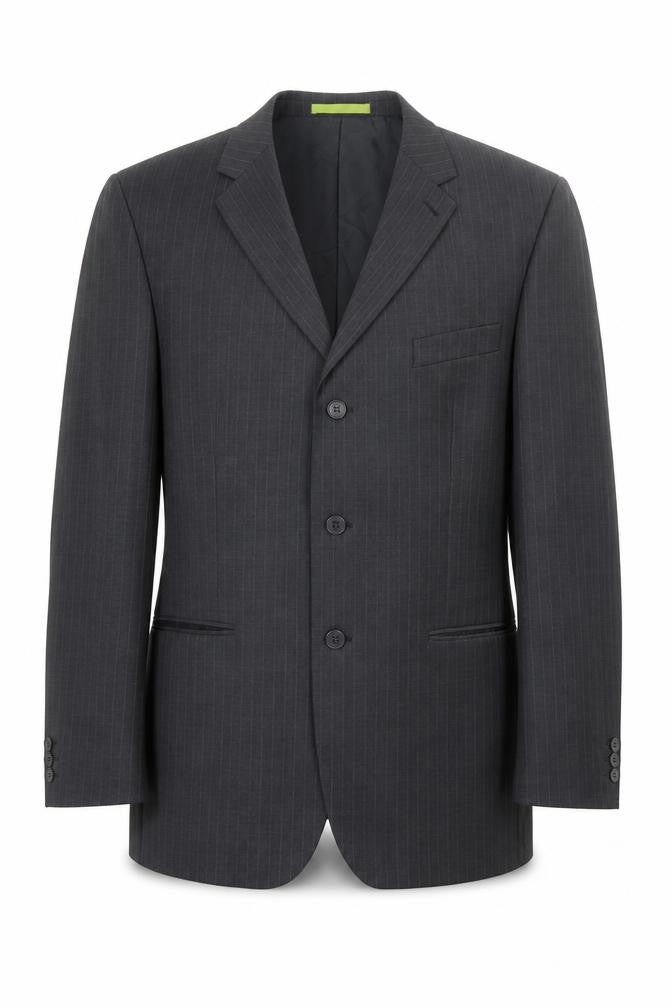 Front view of Burton men’s grey striped polyester jacket suit jacket, size 42, regular