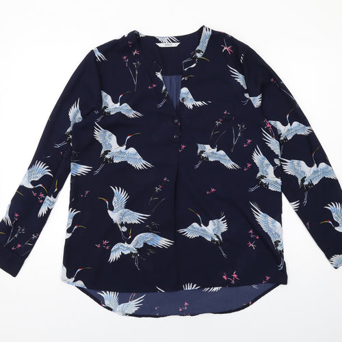 Only Womens Blue Geometric Polyester Basic Blouse Size 12 V-Neck - Bird Print