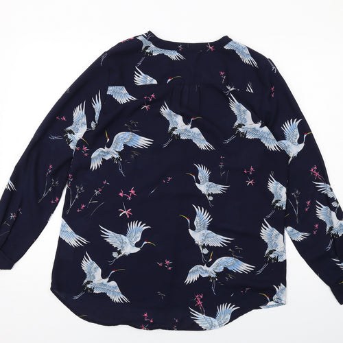 Only Womens Blue Geometric Polyester Basic Blouse Size 12 V-Neck - Bird Print