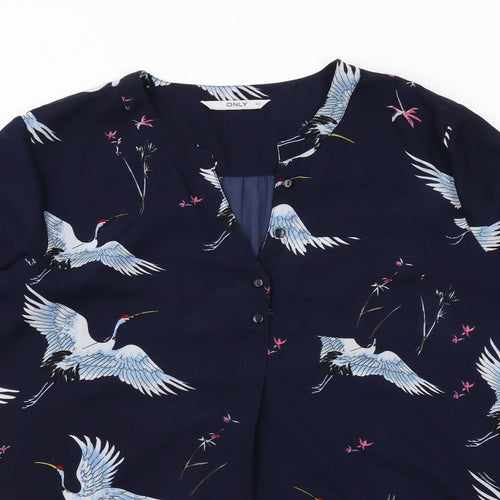 Only Womens Blue Geometric Polyester Basic Blouse Size 12 V-Neck - Bird Print