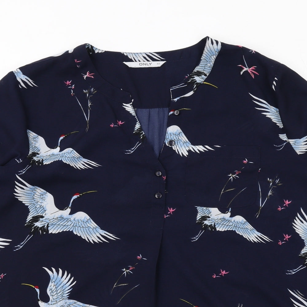 Only Womens Blue Geometric Polyester Basic Blouse Size 12 V-Neck - Bird Print