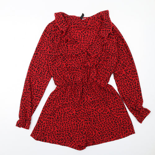 H&M Womens Red Animal Print Polyester Playsuit One-Piece Size 6 Pullover - Leopard Print