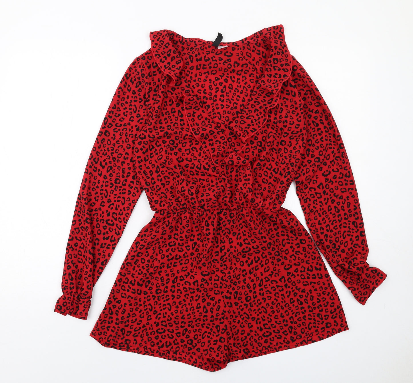 H&M Womens Red Animal Print Polyester Playsuit One-Piece Size 6 Pullover - Leopard Print