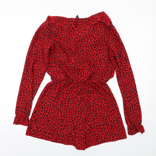 H&M Womens Red Animal Print Polyester Playsuit One-Piece Size 6 Pullover - Leopard Print