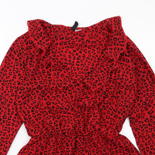 H&M Womens Red Animal Print Polyester Playsuit One-Piece Size 6 Pullover - Leopard Print