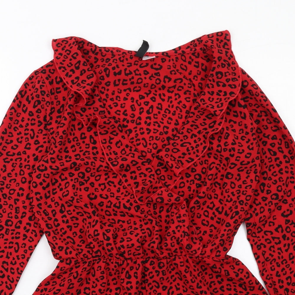 H&M Womens Red Animal Print Polyester Playsuit One-Piece Size 6 Pullover - Leopard Print