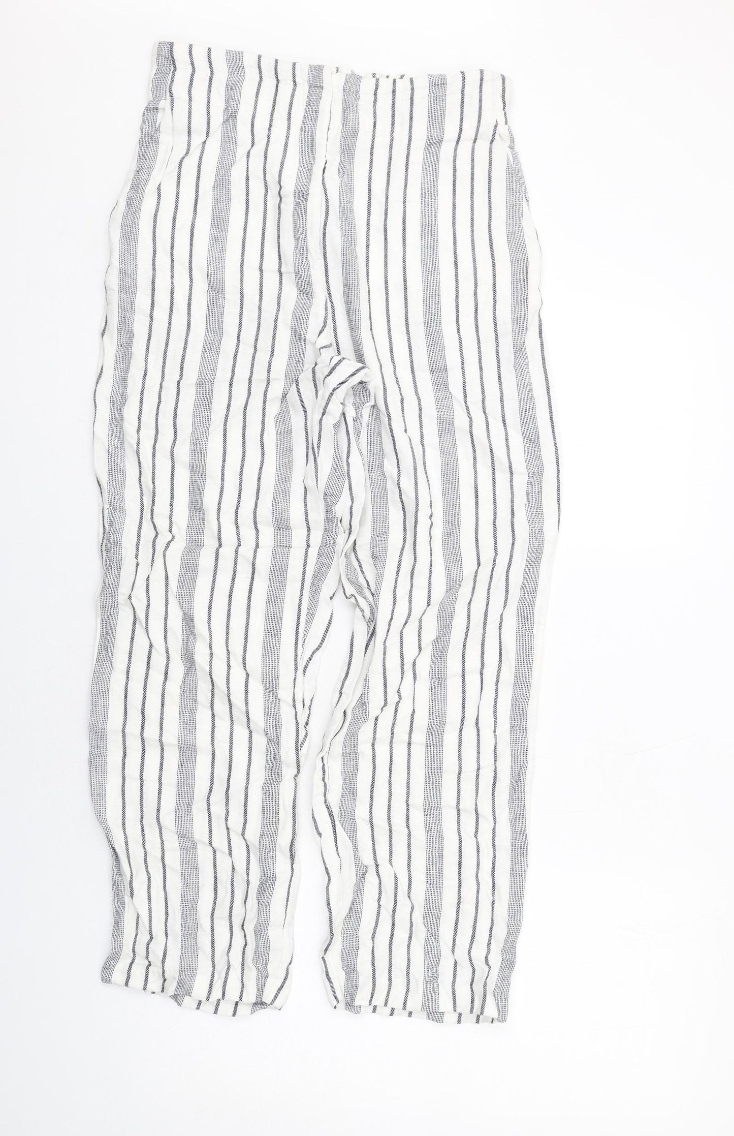 Marks and Spencer Womens White Striped Linen Trousers Size 10 L28 in Regular Zip