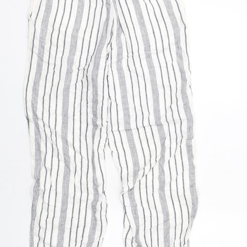 Marks and Spencer Womens White Striped Linen Trousers Size 10 L28 in Regular Zip