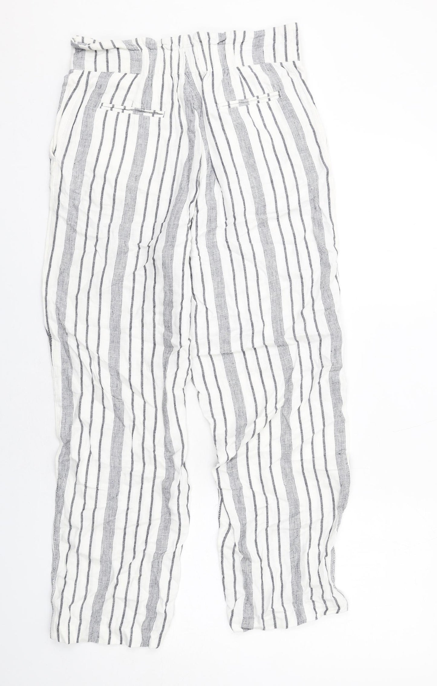 Marks and Spencer Womens White Striped Linen Trousers Size 10 L28 in Regular Zip