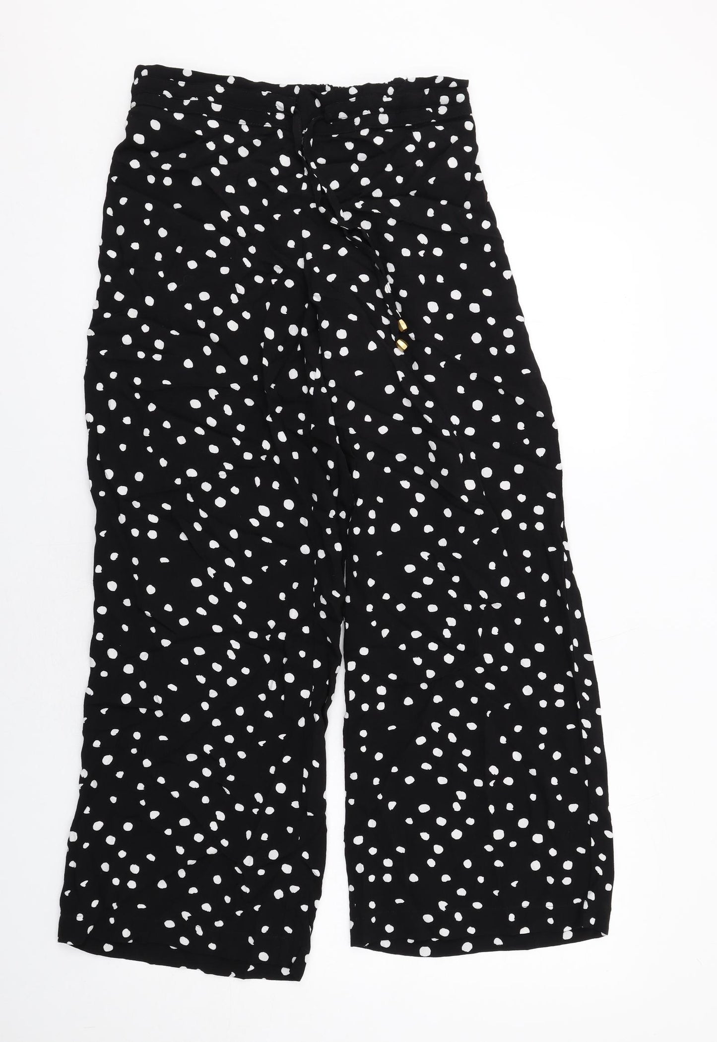 Marks and Spencer Womens Black Polka Dot Viscose Trousers Size 14 Regular Drawstring