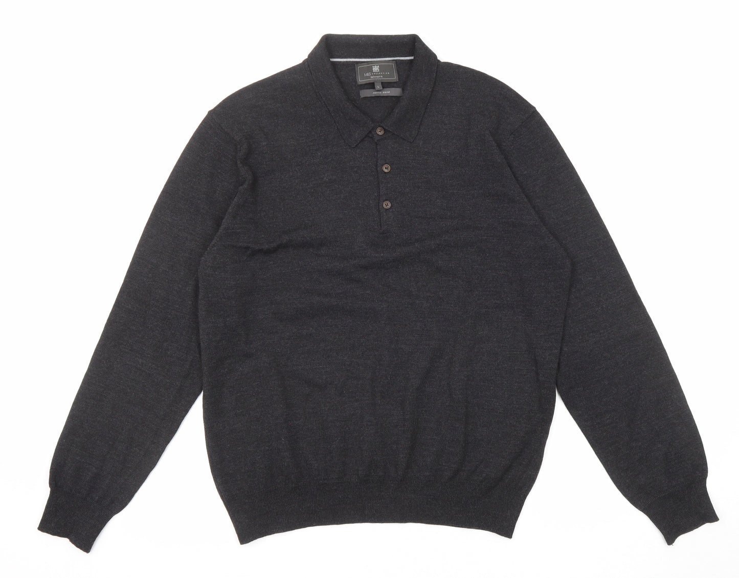 Marks and Spencer Mens Black Collared Wool Pullover Jumper Size L Long Sleeve