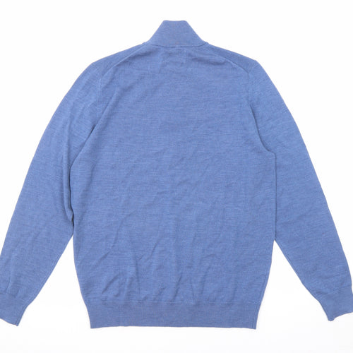 Autograph Mens Blue High Neck Wool Henley Jumper Size M Long Sleeve