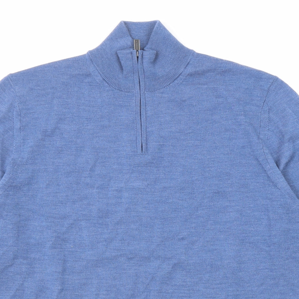 Autograph Mens Blue High Neck Wool Henley Jumper Size M Long Sleeve