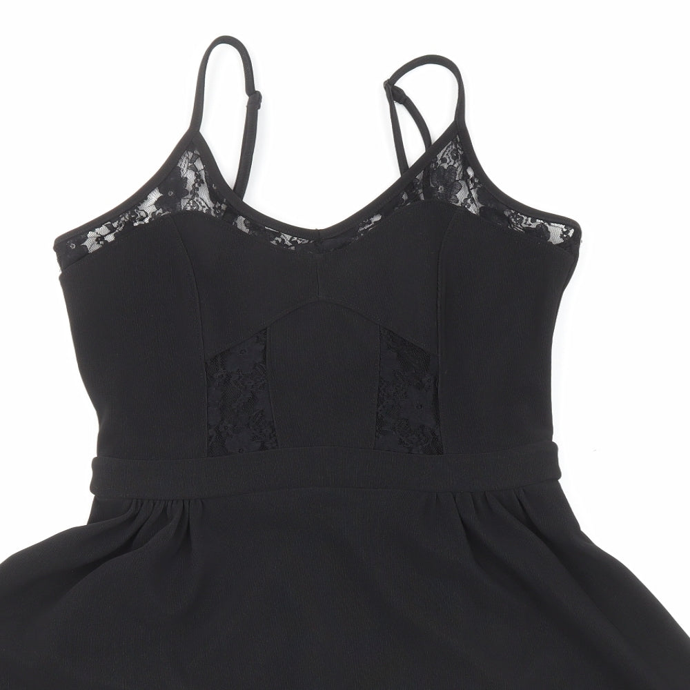 Miss Selfridge Womens Black Polyester Skater Dress Size 10 Scoop Neck Zip - Lace Detail