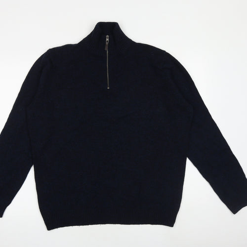 Marks and Spencer Mens Blue High Neck Wool Henley Jumper Size L Long Sleeve