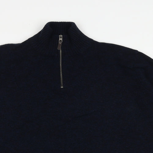 Marks and Spencer Mens Blue High Neck Wool Henley Jumper Size L Long Sleeve