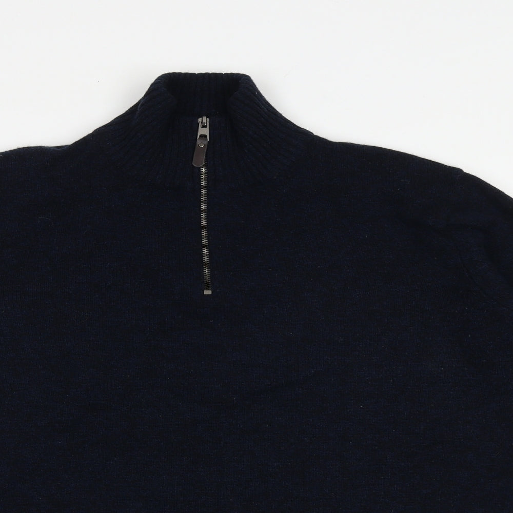Marks and Spencer Mens Blue High Neck Wool Henley Jumper Size L Long Sleeve