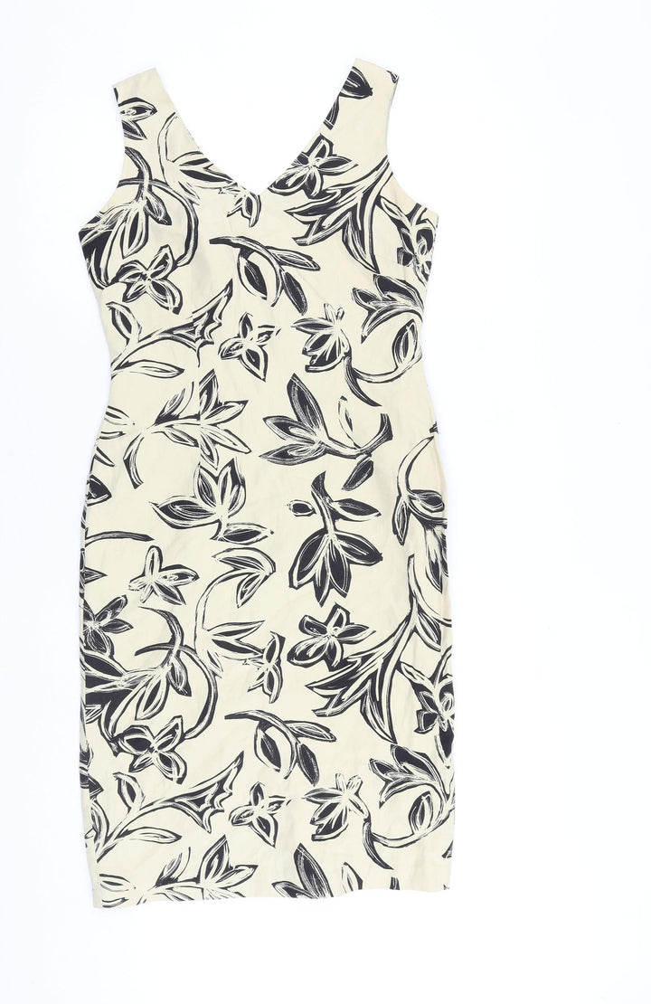Precis Womens Beige Geometric Silk Shift Size 8 V-Neck Zip