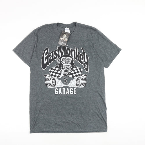 Gildan Mens Grey Cotton T-Shirt Size M Round Neck - Gas Monkey Garage