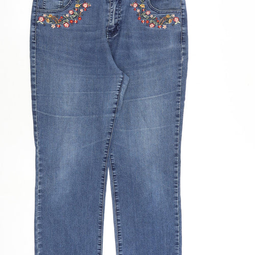 TU Womens Blue Cotton Straight Jeans Size 16 L27 in Regular Zip - Flower Detail