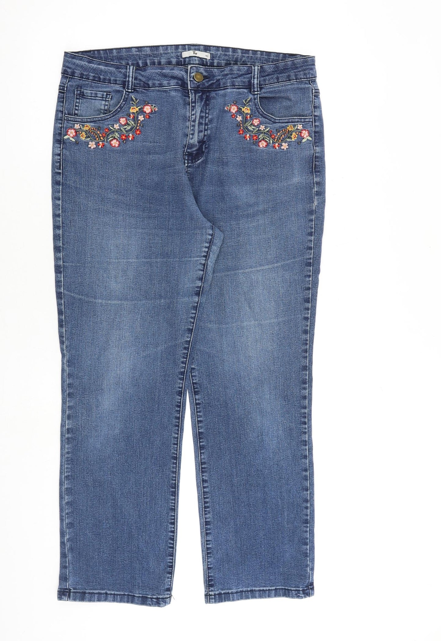 TU Womens Blue Cotton Straight Jeans Size 16 L27 in Regular Zip - Flower Detail