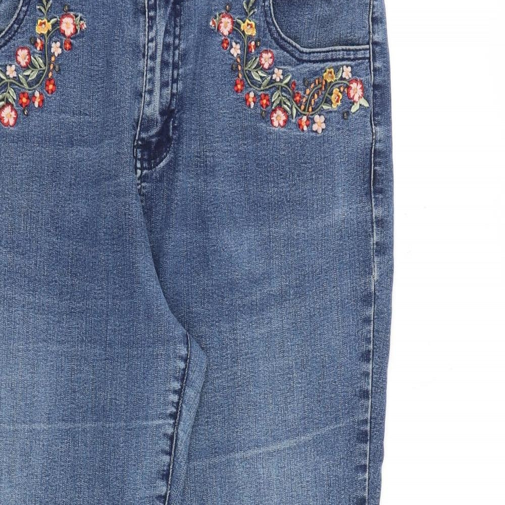 TU Womens Blue Cotton Straight Jeans Size 16 L27 in Regular Zip - Flower Detail
