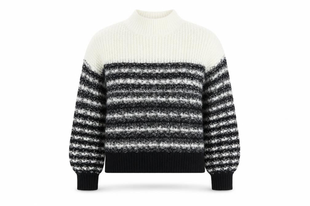 Front view of Caroline bliss women’s black high neck striped acrylic jumper, size UK 8