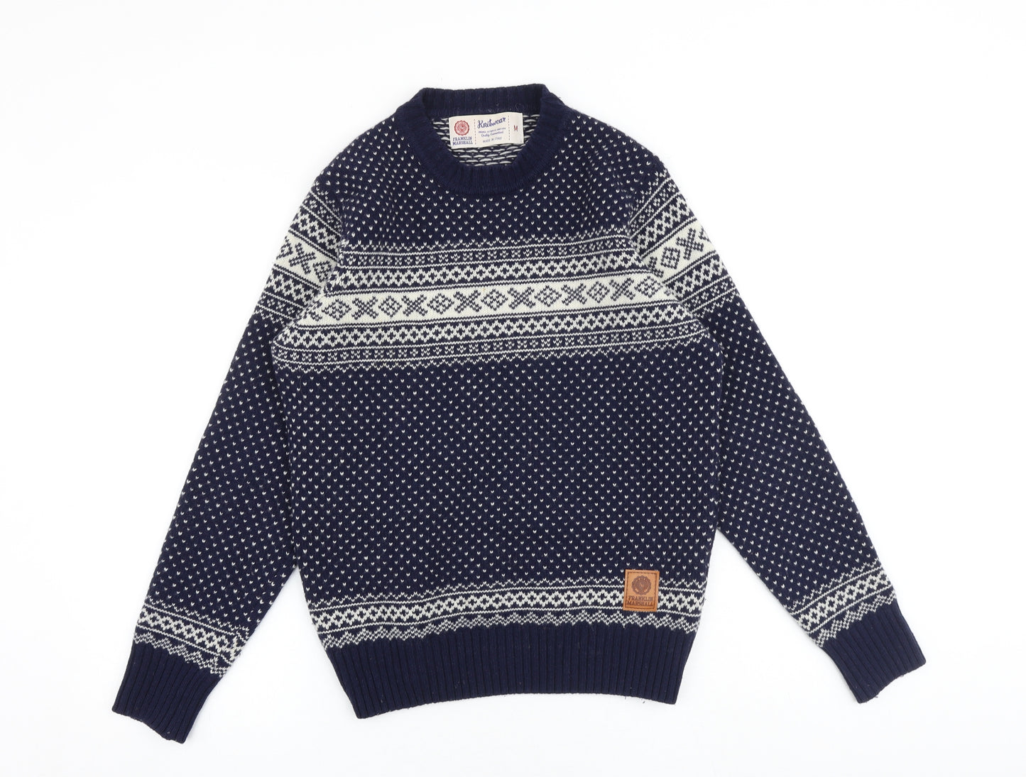 Franklin & Marshall Mens Blue Round Neck Fair Isle Wool Pullover Jumper Size M Long Sleeve