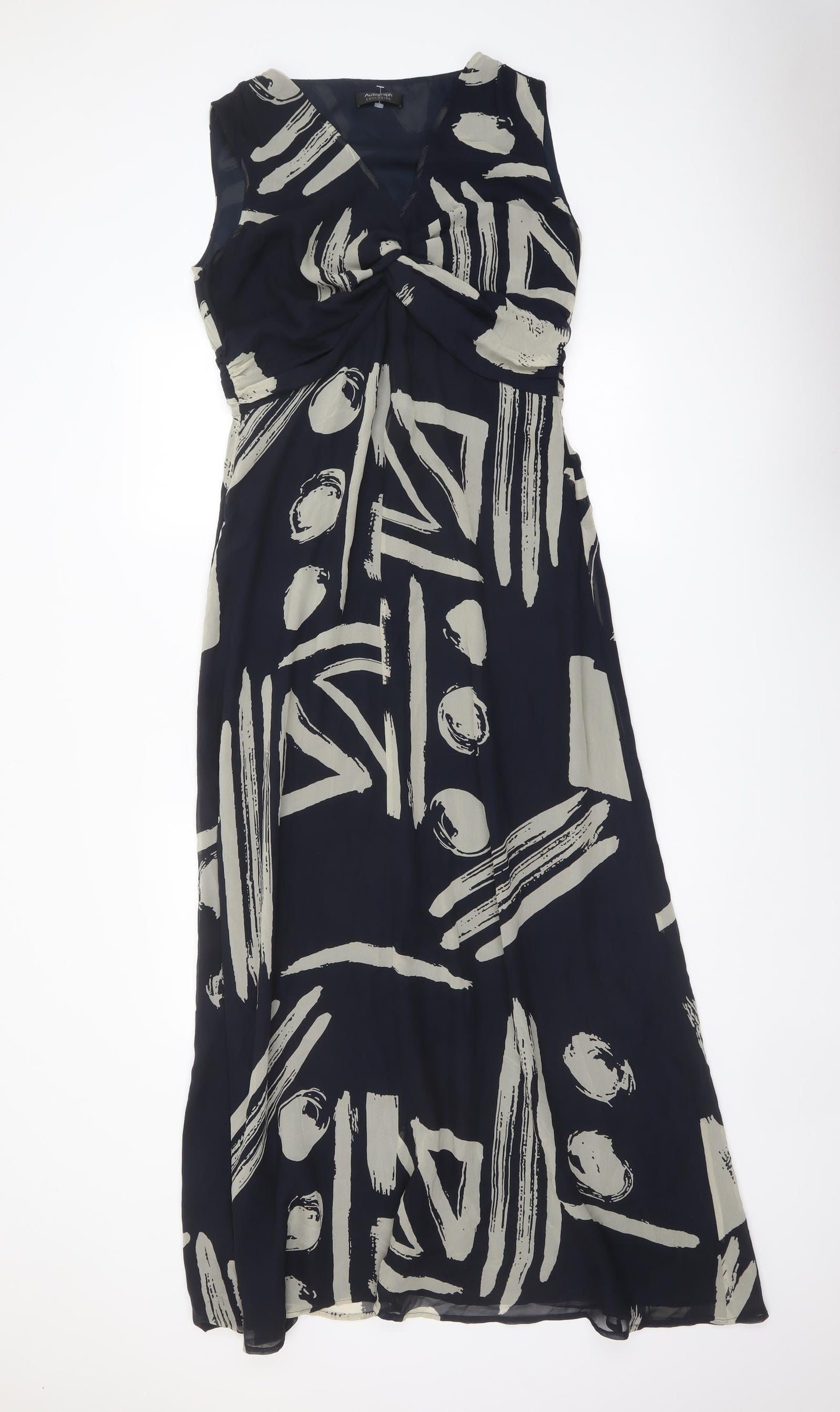 Autograph Womens Blue Geometric Silk Maxi Size 14 V-Neck Pullover