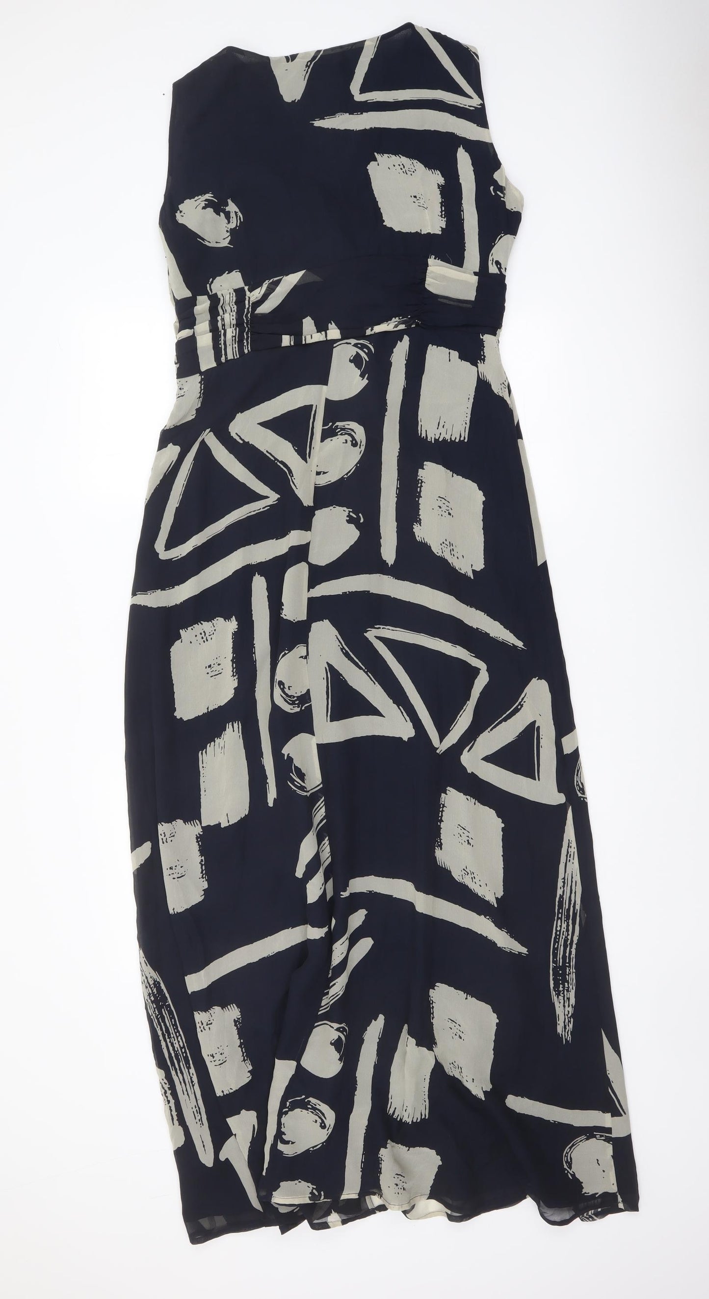 Autograph Womens Blue Geometric Silk Maxi Size 14 V-Neck Pullover