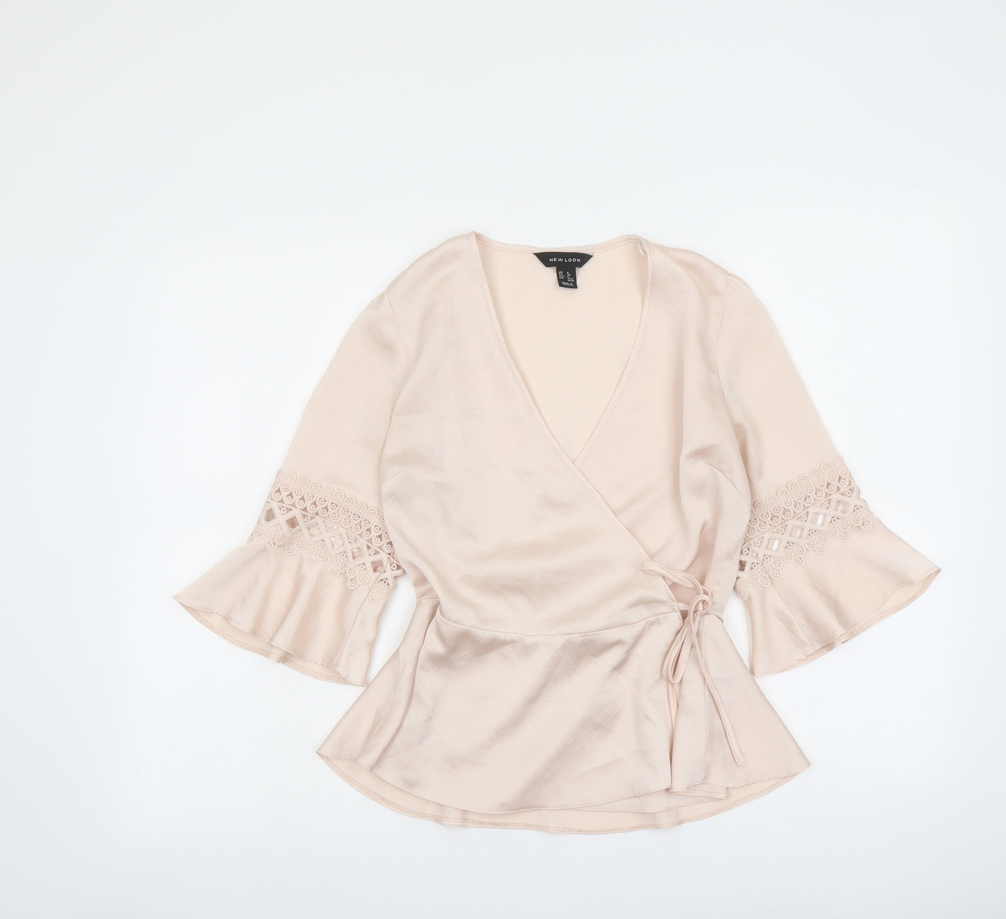 New Look Womens Pink Polyester Wrap Blouse Size 8 V-Neck - Crochet Detail