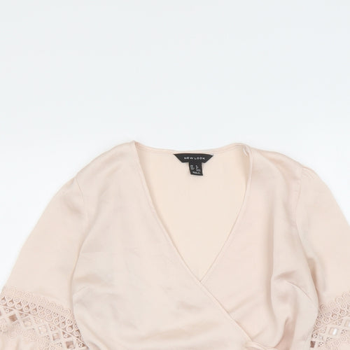 New Look Womens Pink Polyester Wrap Blouse Size 8 V-Neck - Crochet Detail