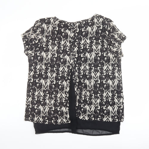 M&Co Womens Black Geometric Viscose Basic T-Shirt Size 14 Boat Neck