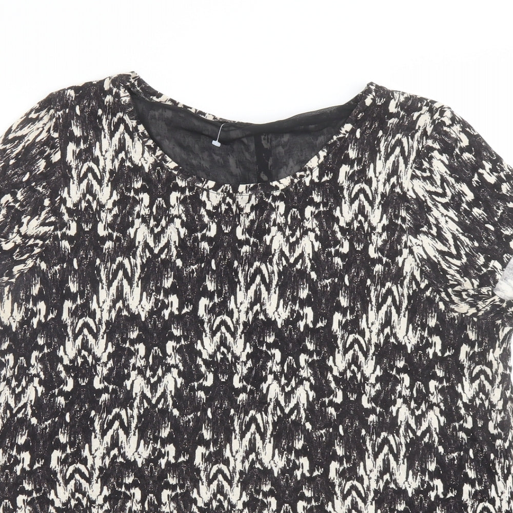 M&Co Womens Black Geometric Viscose Basic T-Shirt Size 14 Boat Neck