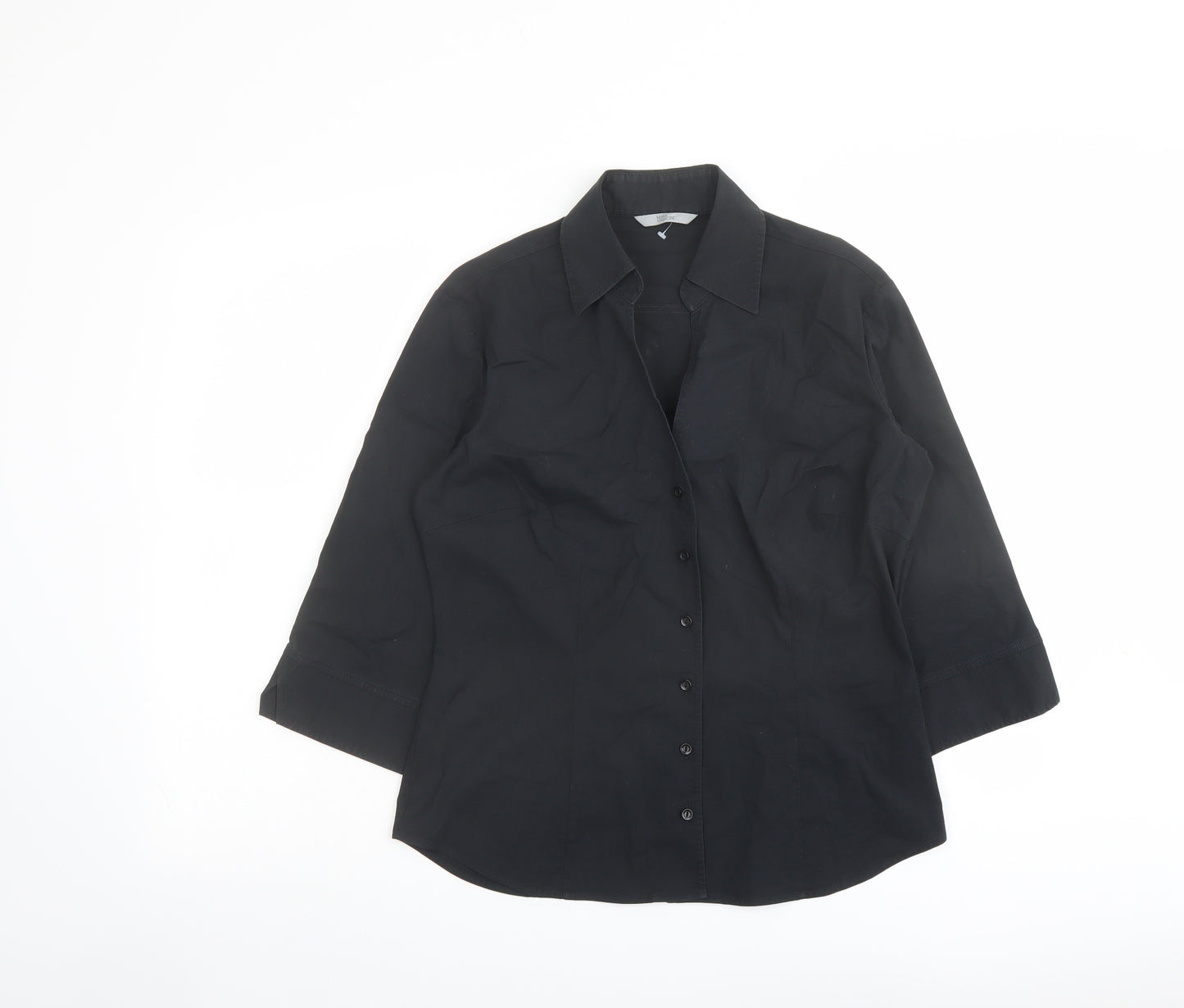 Marks and Spencer Womens Black Cotton Basic Button-Up Size 12 Collared