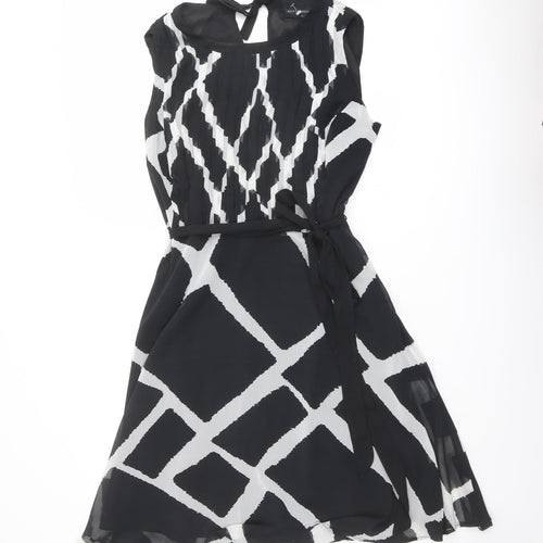 Betty Jackson Womens Black Geometric Polyester A-Line Size 16 Round Neck Tie