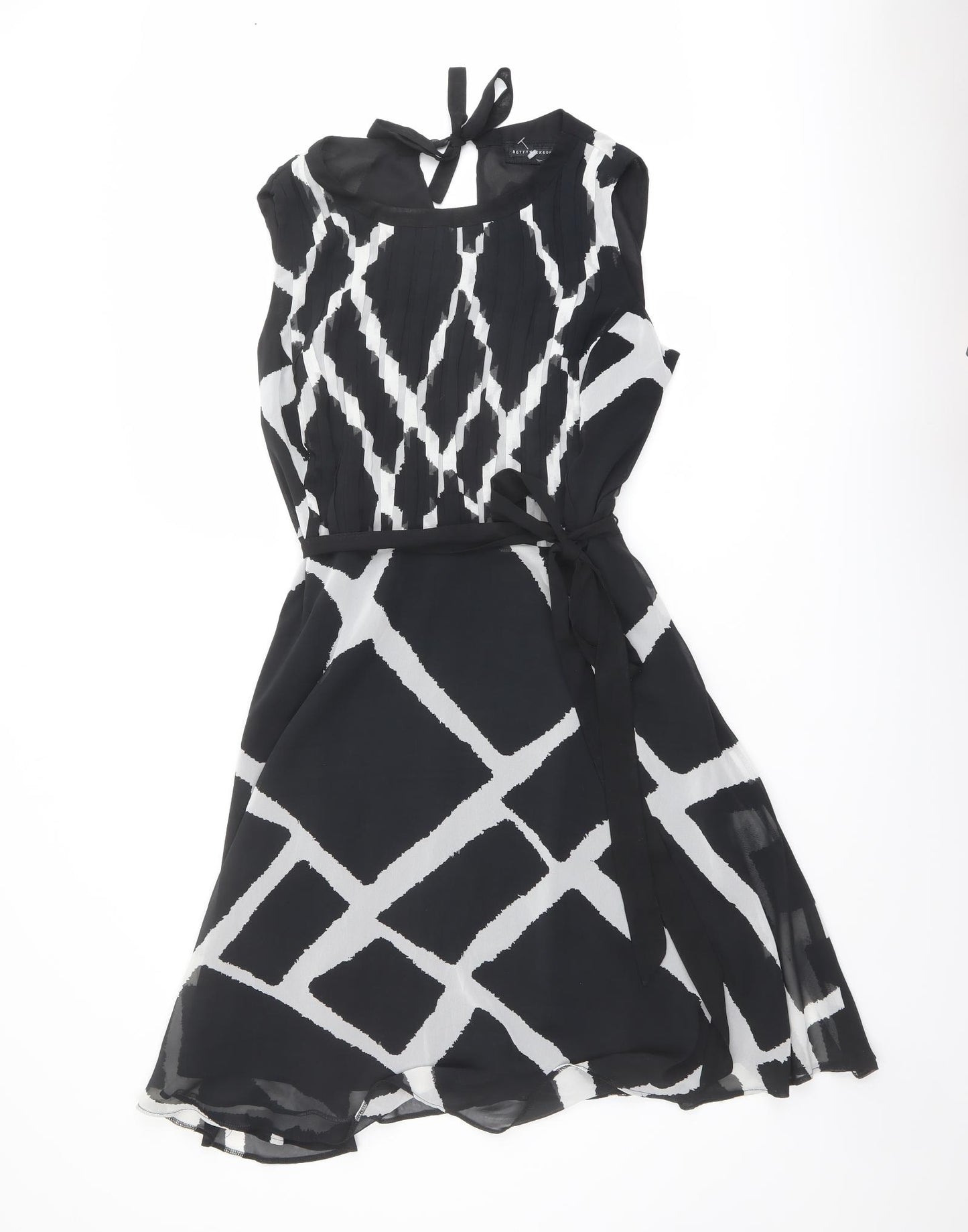 Betty Jackson Womens Black Geometric Polyester A-Line Size 16 Round Neck Tie