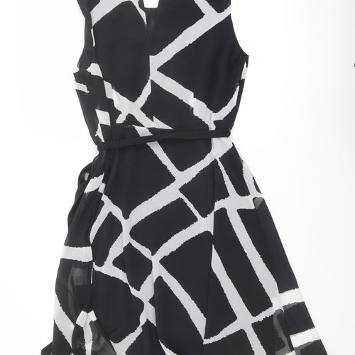 Betty Jackson Womens Black Geometric Polyester A-Line Size 16 Round Neck Tie