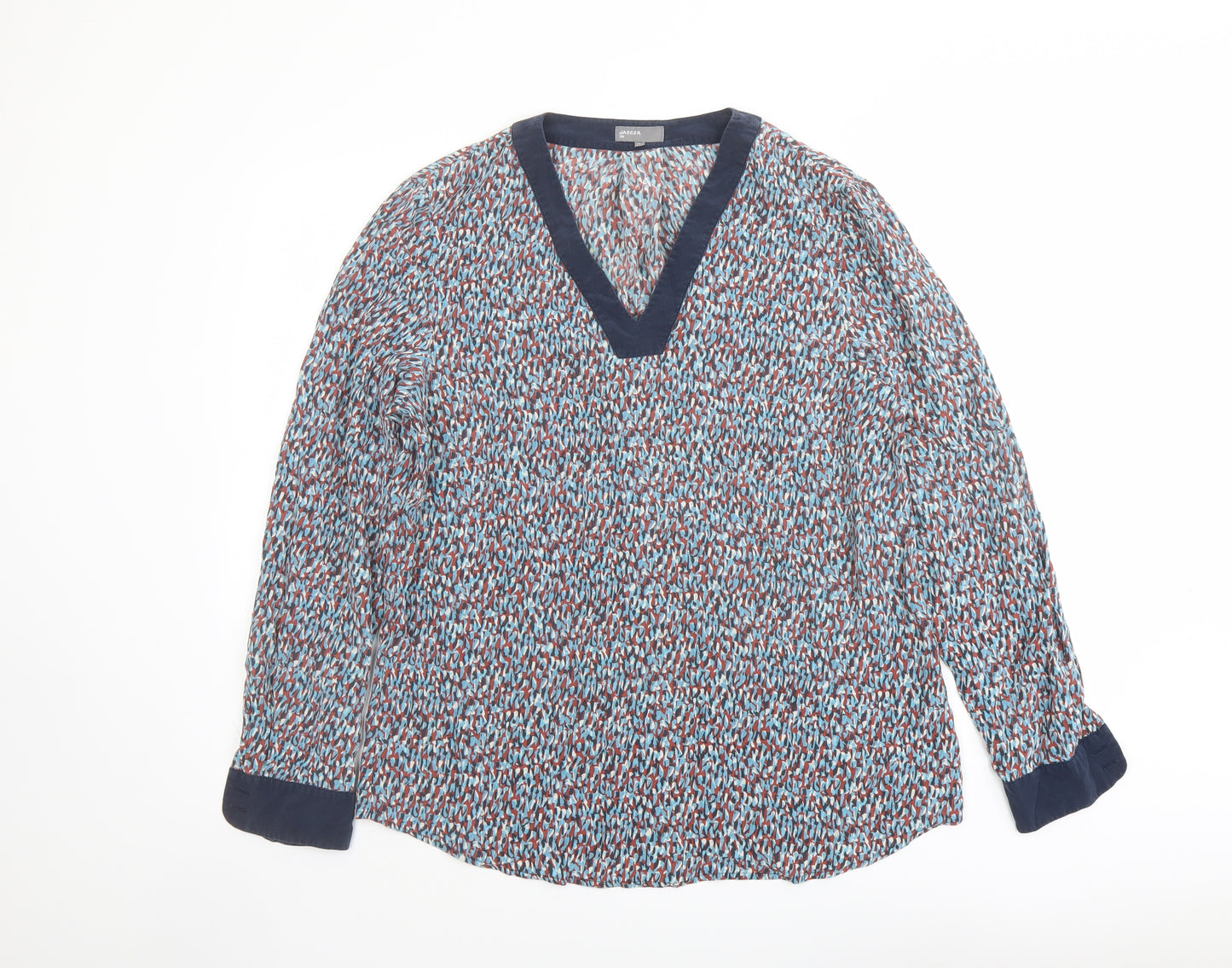 Jaeger Womens Blue Geometric Silk Basic Blouse Size 14 V-Neck