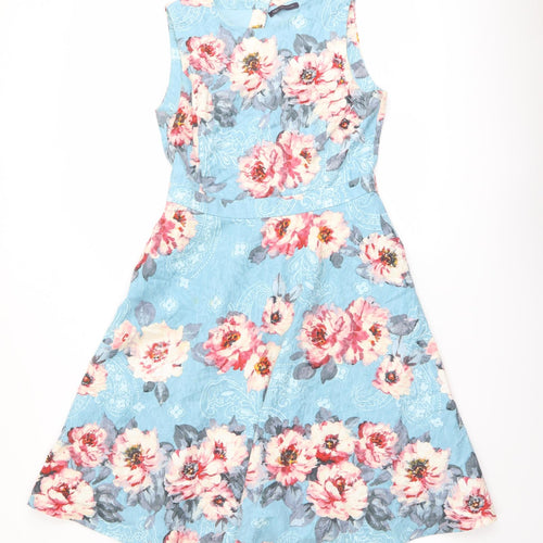Marks and Spencer Womens Blue Floral Cotton Fit & Flare Size 12 Round Neck Zip - Cut Out Back Detail