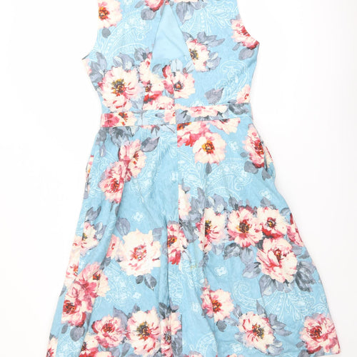 Marks and Spencer Womens Blue Floral Cotton Fit & Flare Size 12 Round Neck Zip - Cut Out Back Detail