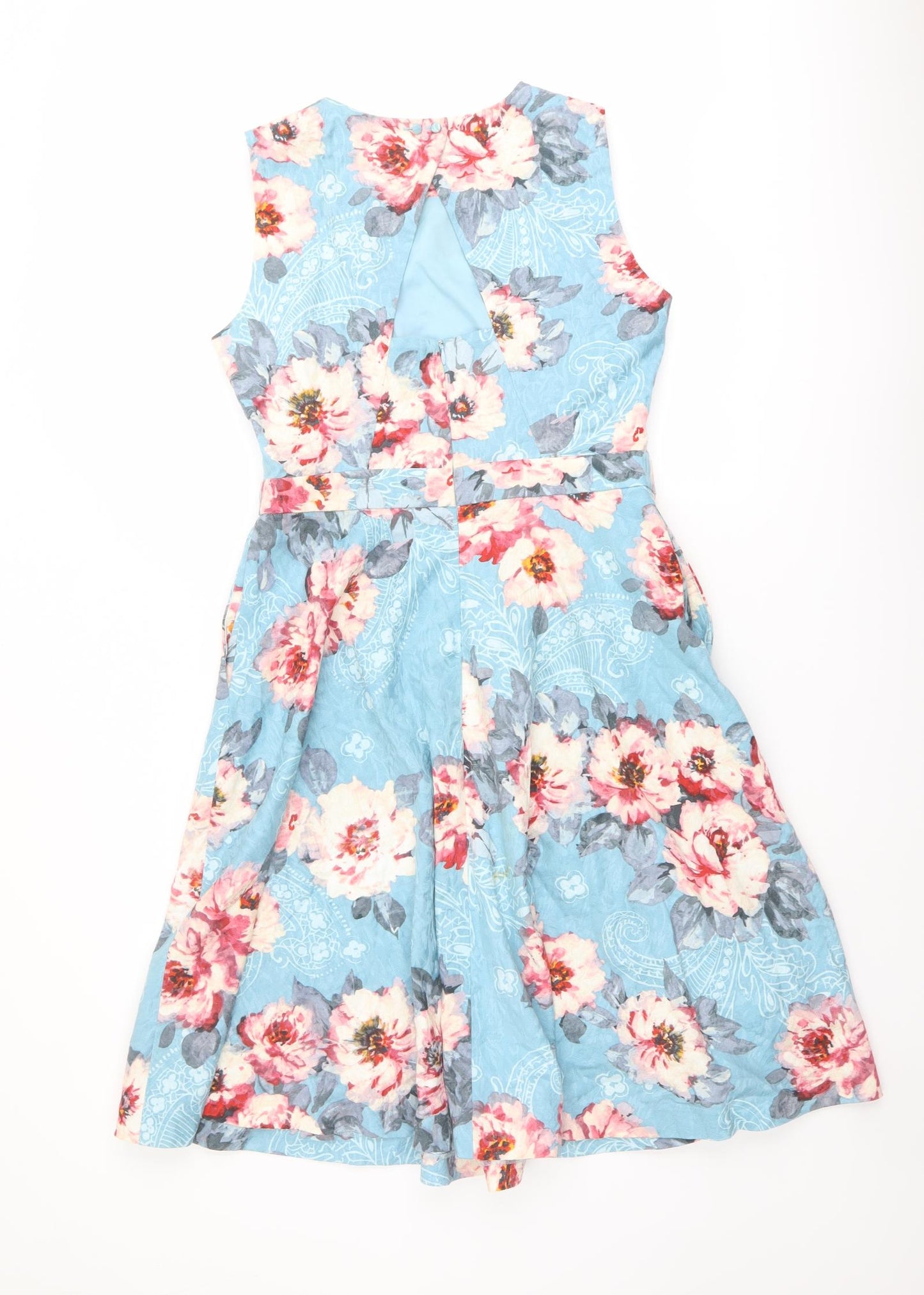 Marks and Spencer Womens Blue Floral Cotton Fit & Flare Size 12 Round Neck Zip - Cut Out Back Detail