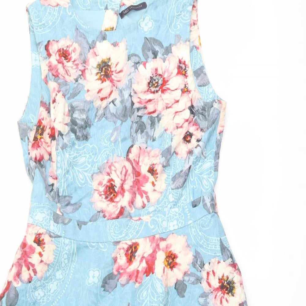 Marks and Spencer Womens Blue Floral Cotton Fit & Flare Size 12 Round Neck Zip - Cut Out Back Detail