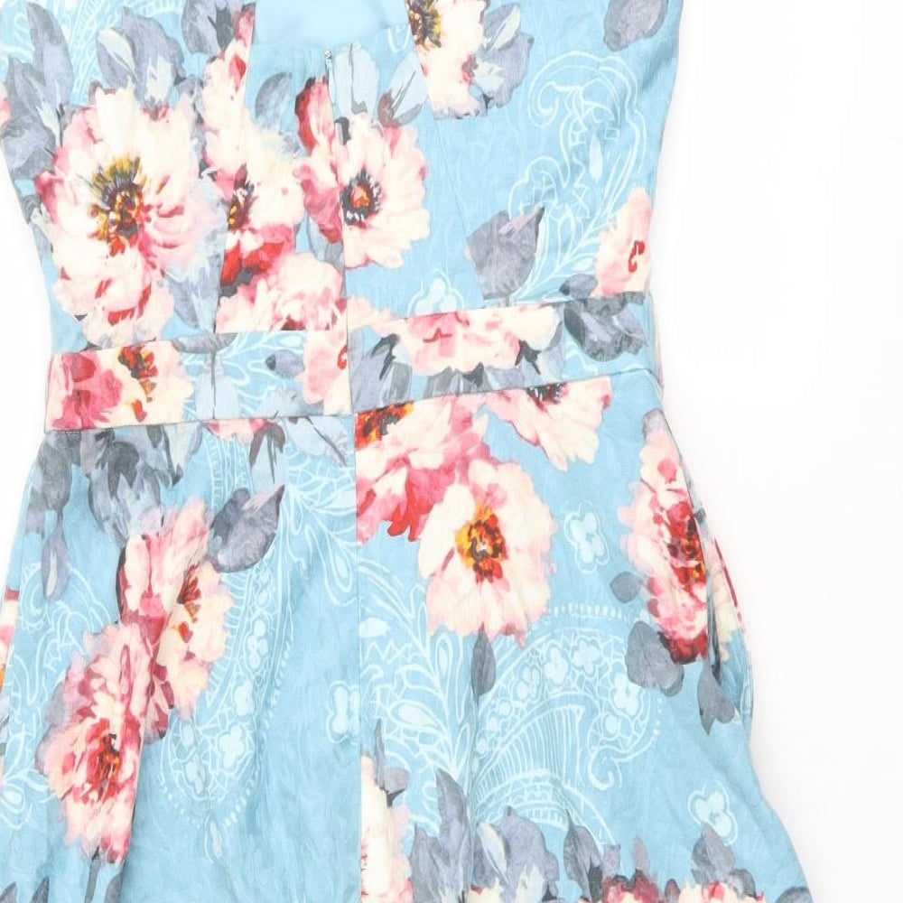 Marks and Spencer Womens Blue Floral Cotton Fit & Flare Size 12 Round Neck Zip - Cut Out Back Detail