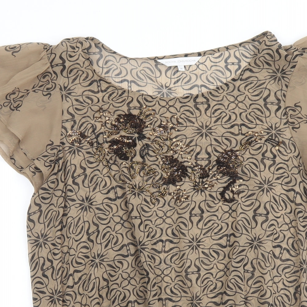 RJR.John Rocha Womens Brown Geometric Polyester Basic Blouse Size 14 Round Neck