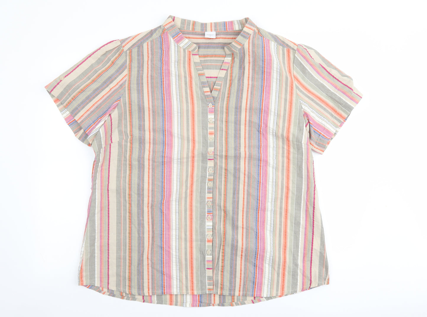 Cotton Traders Womens Multicoloured Striped Cotton Basic Button-Up Size 18 V-Neck